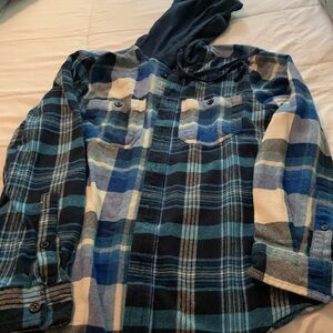 Original Use blue plaid hooded shirt. Mens XS
